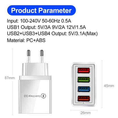 EU US Plug 3A USB Charger Multi Port 4 USB Quick Charge 3.0 for Phone Adapter Tablet Portable Wall Charger Fast Charger for Poco